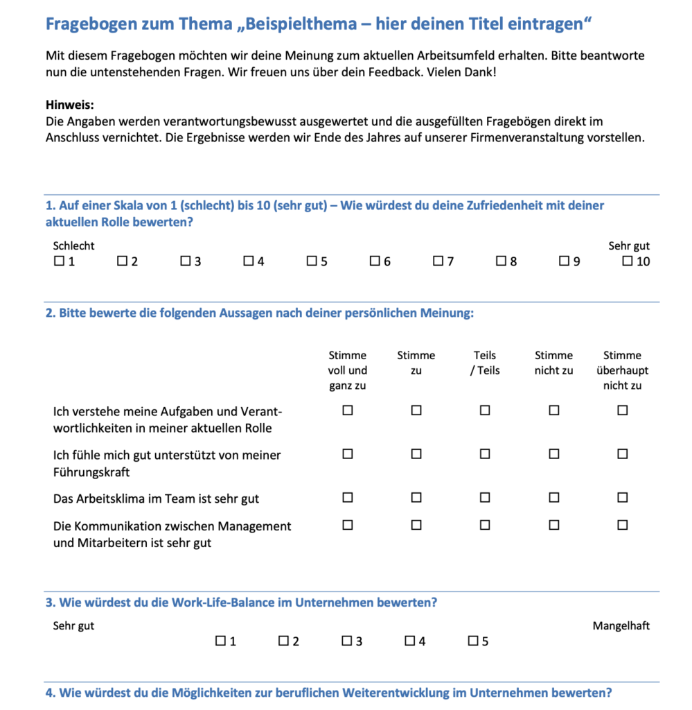 Moderne Vorlage Word für Fragebogen zum Download