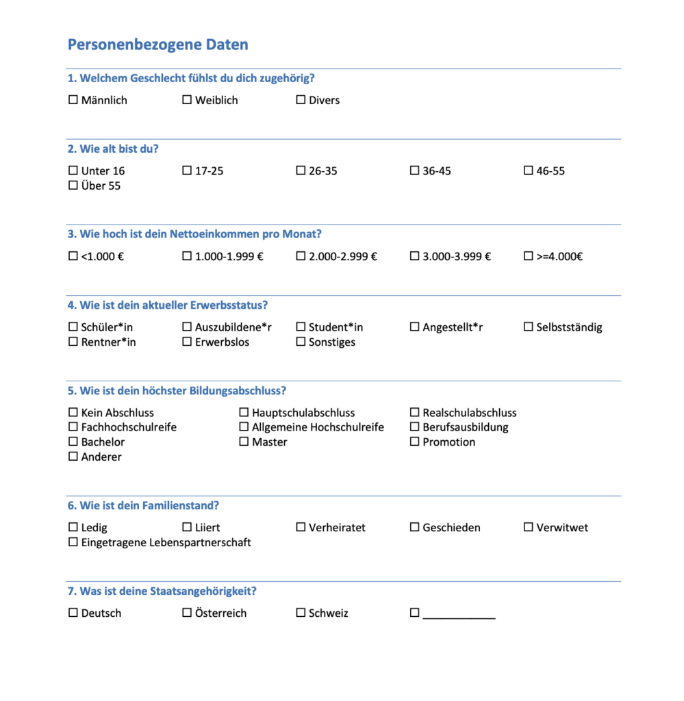 Moderne Vorlage mit Fragen zu demographischen Merkmalen und personenbezogenen Daten Word für Fragebogen zum Download