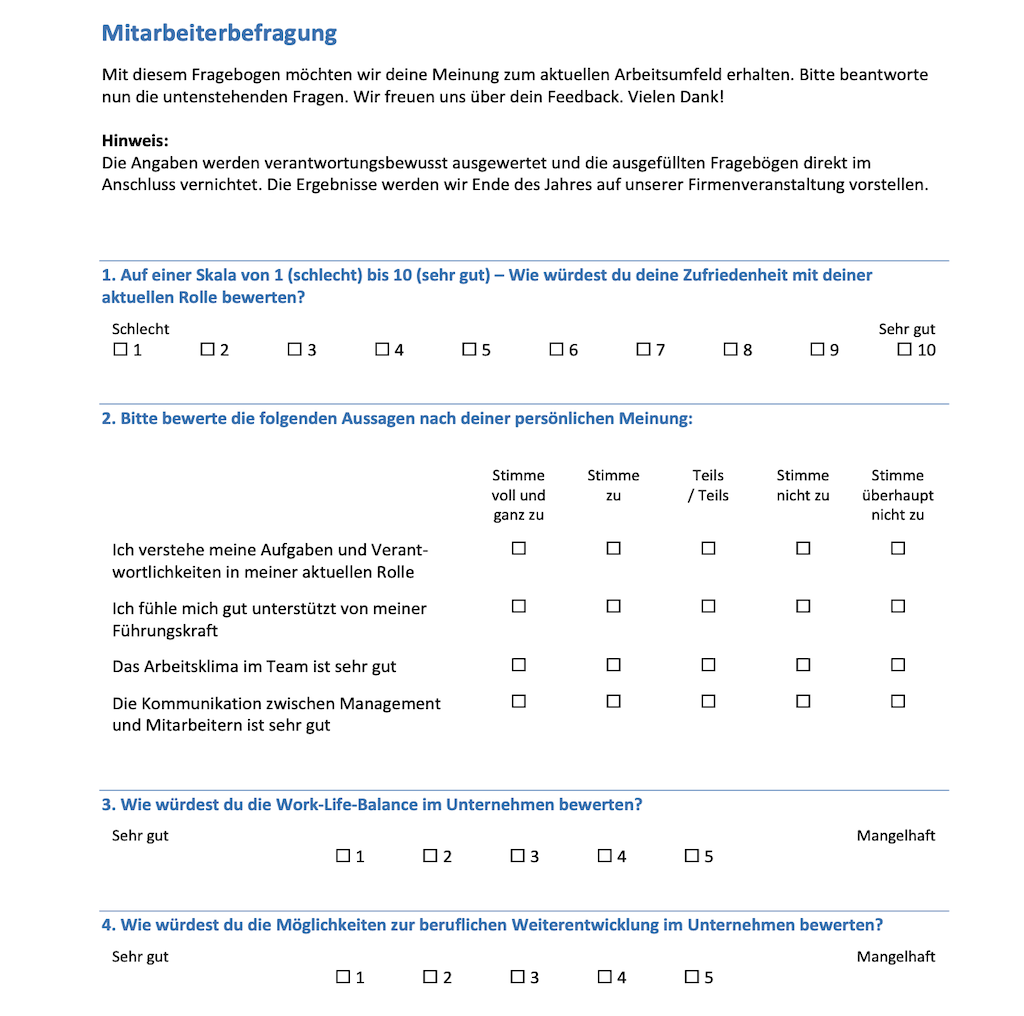 Moderne Vorlage Fragebogen Word zur Mitarbeiterbefragung zum Download