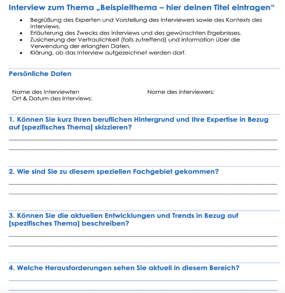 Vorlage zum Download für Experteninterview bzw. Interviewleitfaden