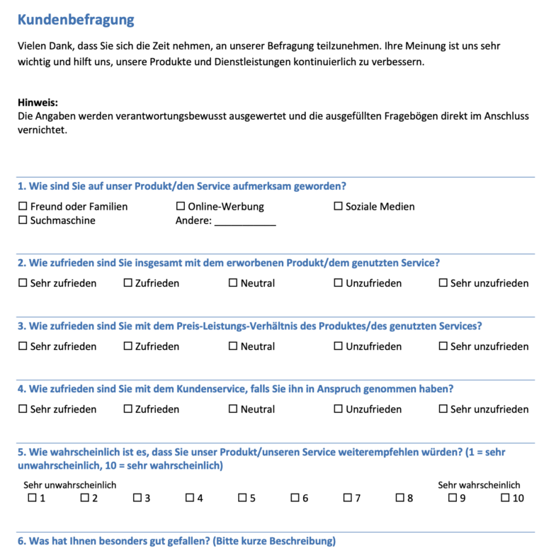 Kundenbefragung Vorlage: Fragebogen + Muster