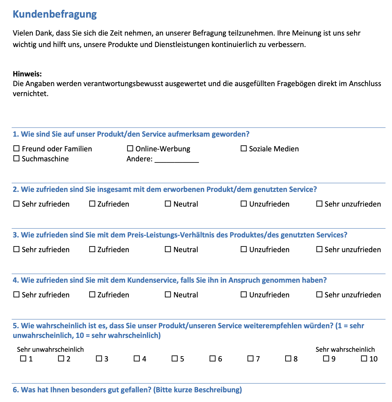 Kundenbefragung vorlage fragebogen muster