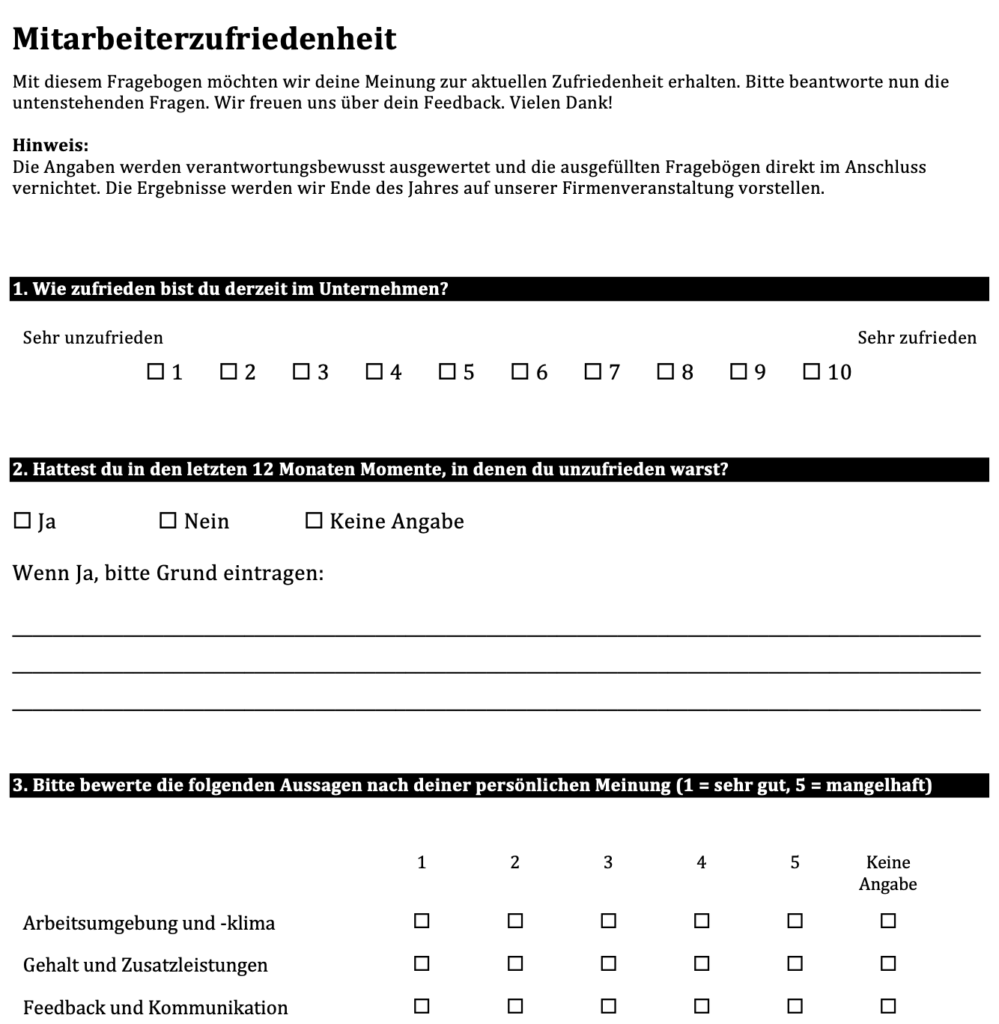 Vorlagen und Muster zur Messung der Mitarbeiterzufriedenheit - Download für Word, Pages und PDF